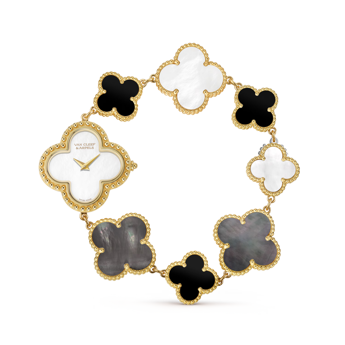 Quatrefoil Dial Watch, 18K, Yellow Gold Tone, Mother-of-Pearl, Onyx