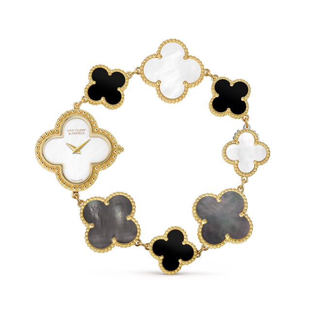Quatrefoil Dial Watch, 18K, Yellow Gold Tone, Mother-of-Pearl, Onyx