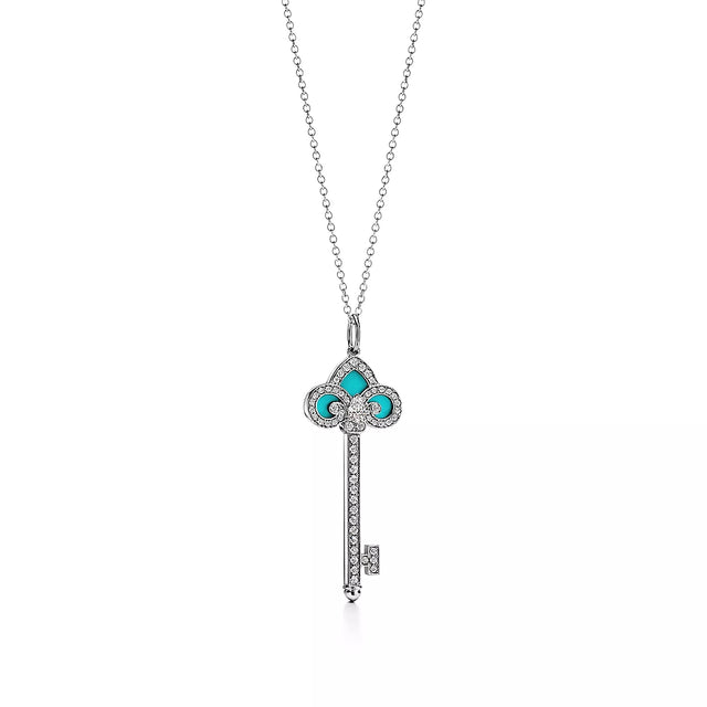 Key Pendant Necklace, White Gold Tone