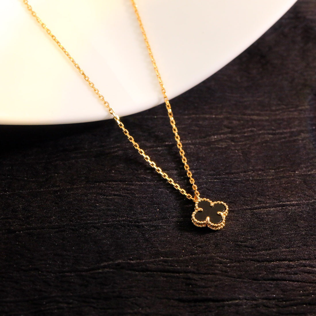 Quatrefoil Pendant Necklace, Yellow Gold Tone, Onyx