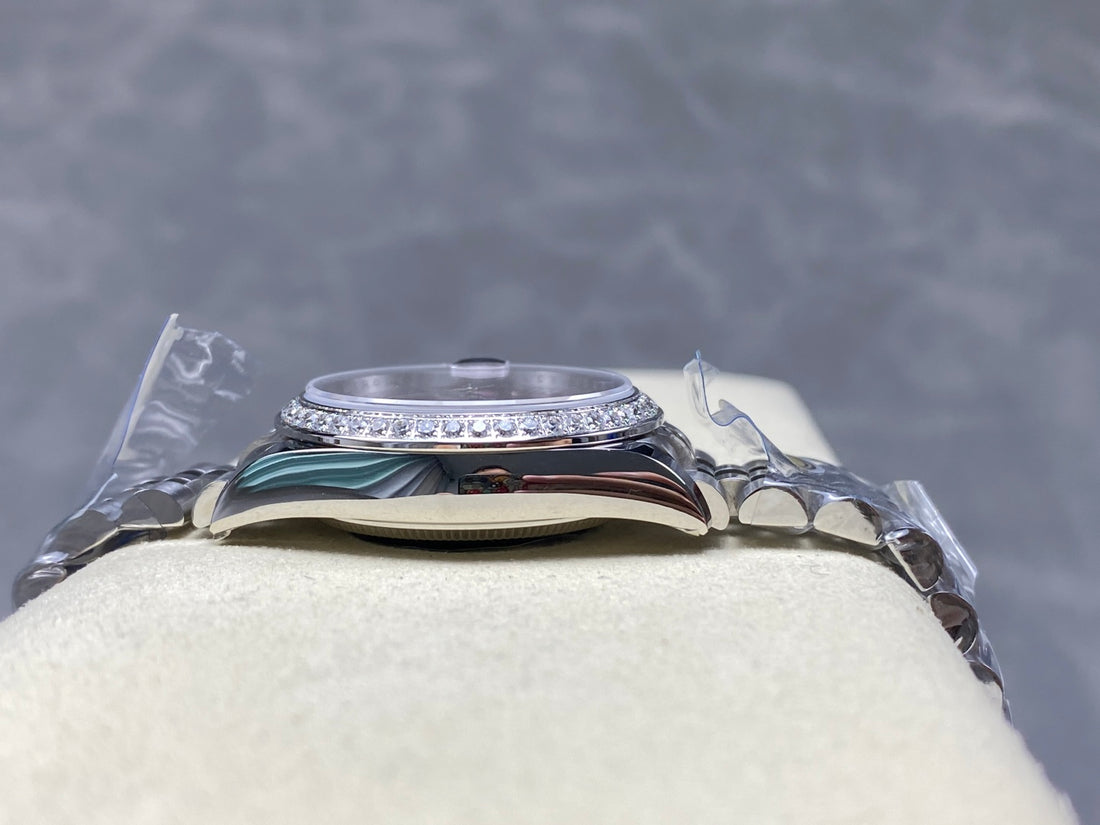 Classic Date Watch, White Gold Tone, Steel, Stone-Set, 28 mm