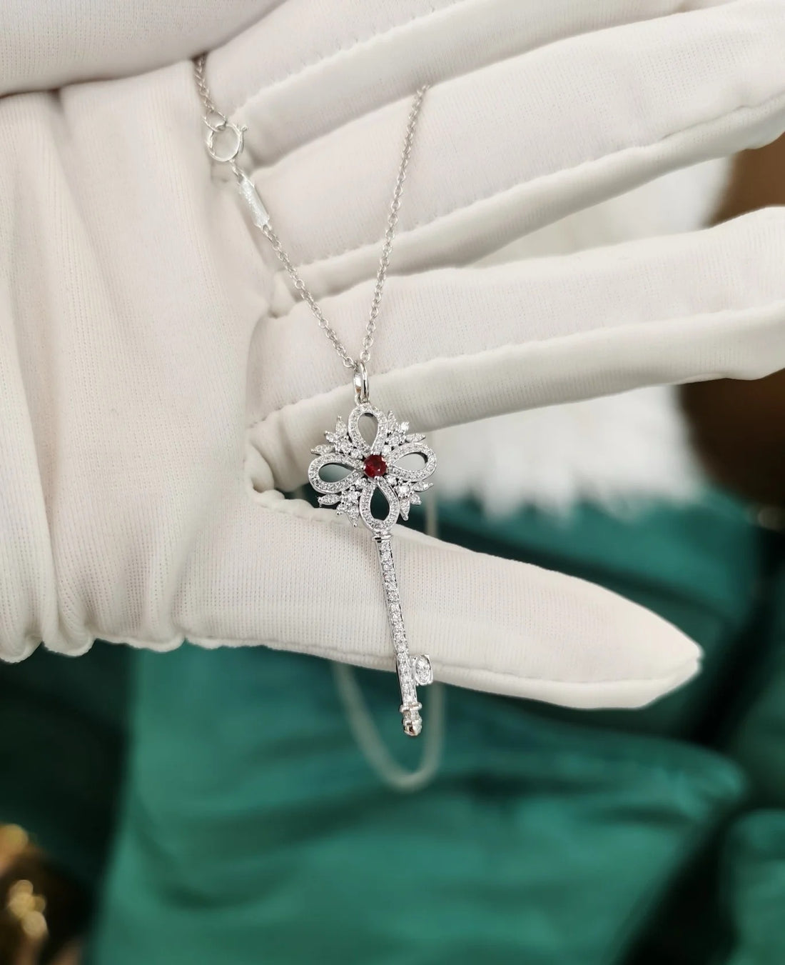 Key Pendant Necklace, White Gold Tone