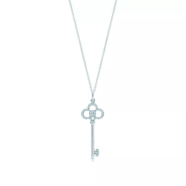 Key Pendant Necklace, White Gold Tone