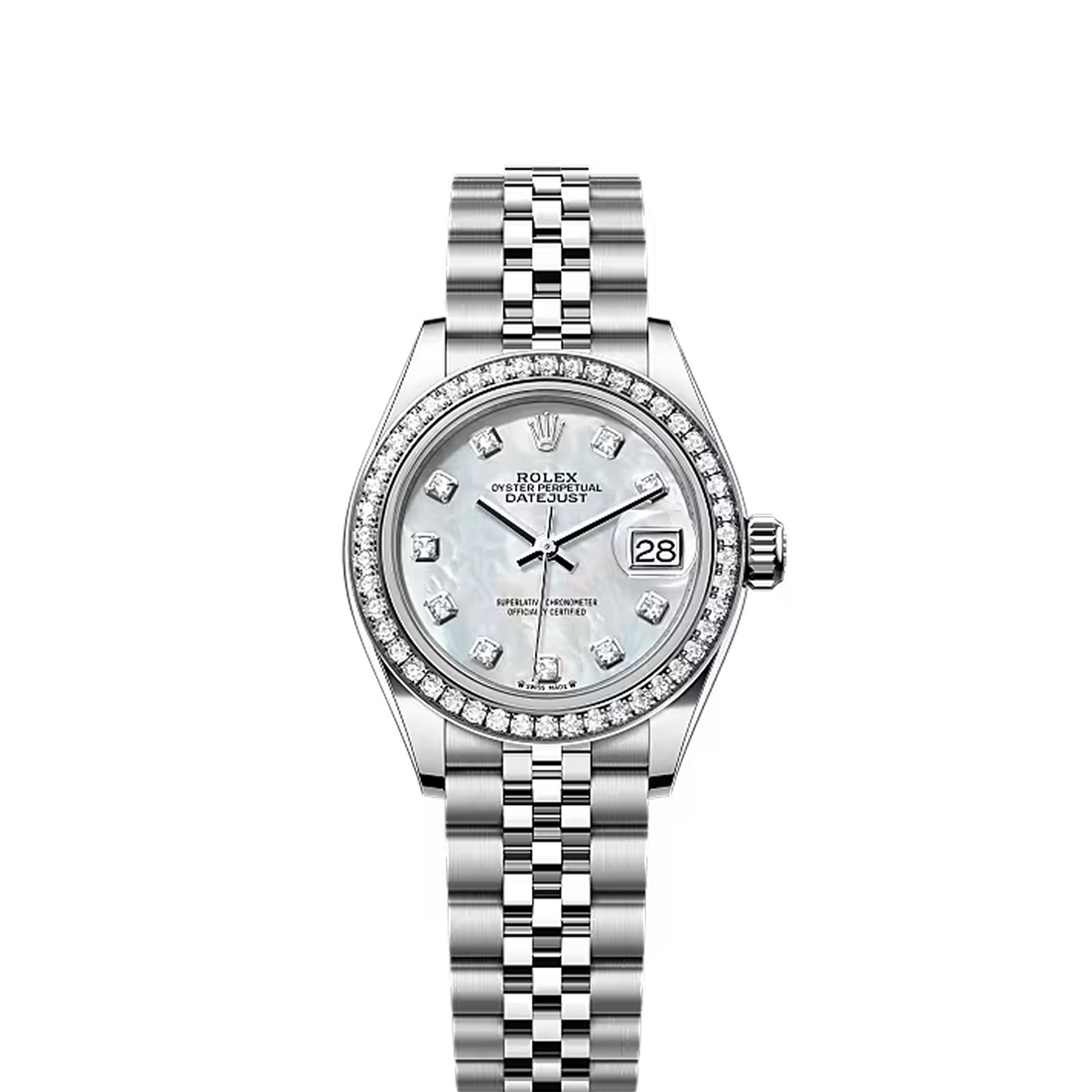 Classic Date Watch, White Gold Tone, Stone-Set, White, 28 mm
