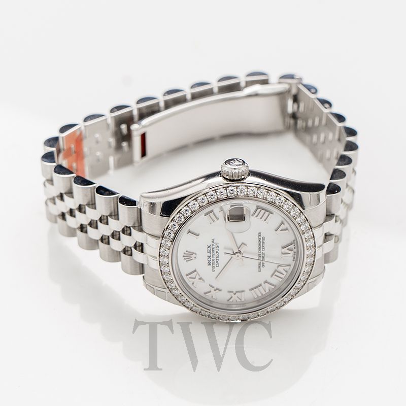 Classic Date Watch, White Gold Tone, Steel, Stone-Set, 28 mm