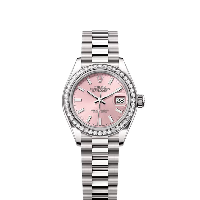 Classic Date Watch, White Gold Tone, Stone-Set, White, 28 mm