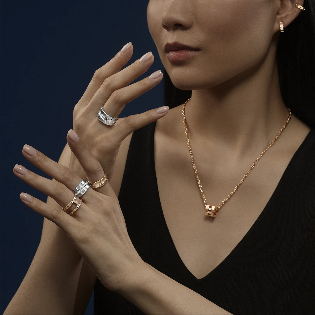 Cube-Link Ring, White Gold Tone, Stone-Set, White