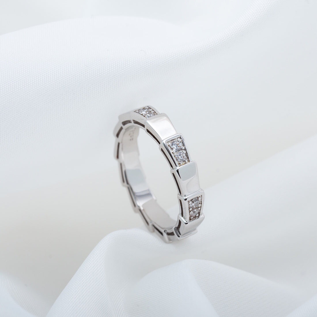 Snake-Scale Ring, White Gold Tone, Stone-Set