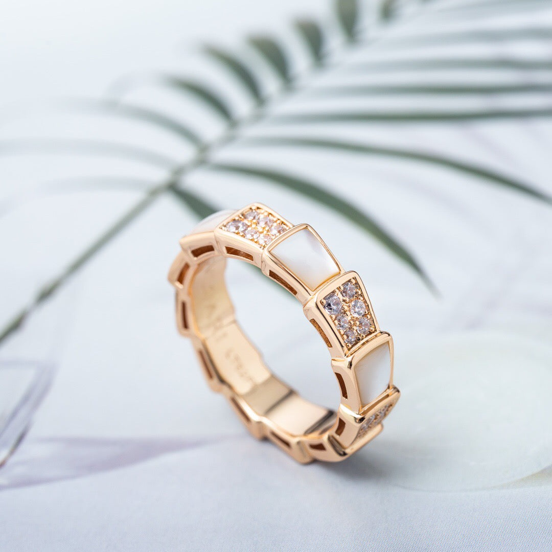 Snake-Scale Ring, Rose Gold Tone, Stone-Set, Mother-of-Pearl
