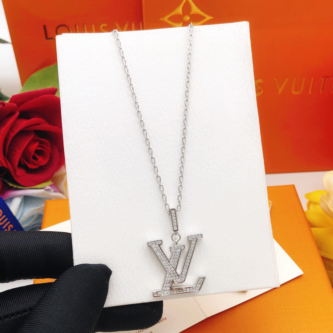 Flower Motif Pendant Necklace, White Gold Tone, Stone-Set, White