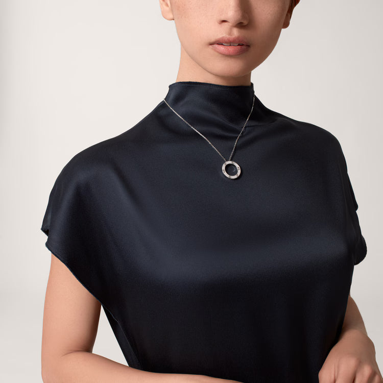 Screw-Motif Pendant Necklace, Stone-Set, White Gold Tone