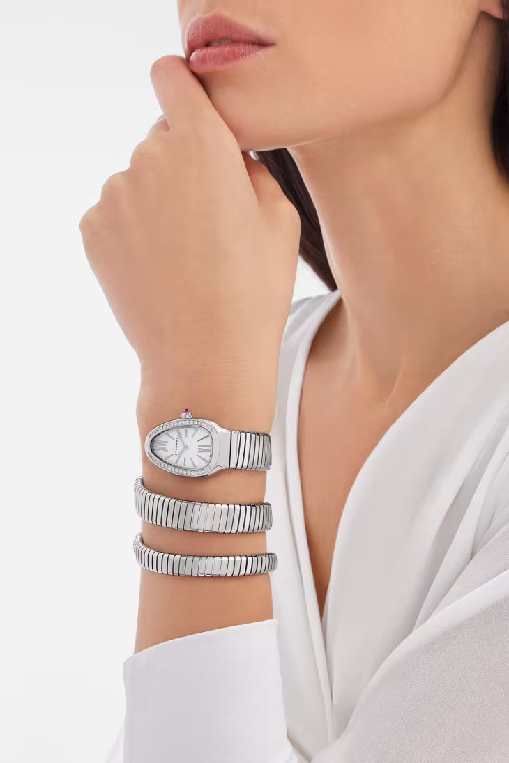 Coiled Band Watch, White Gold Tone, Stone-Set, White, 35 mm, Size S