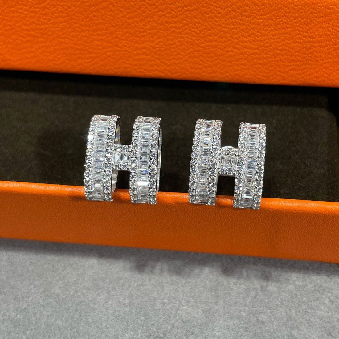 H Stud Earrings, Stone-Set